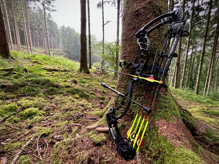 Arc de chasse posé contre un arbre lors d’une sortie de repérage sous la pluie à Thilay