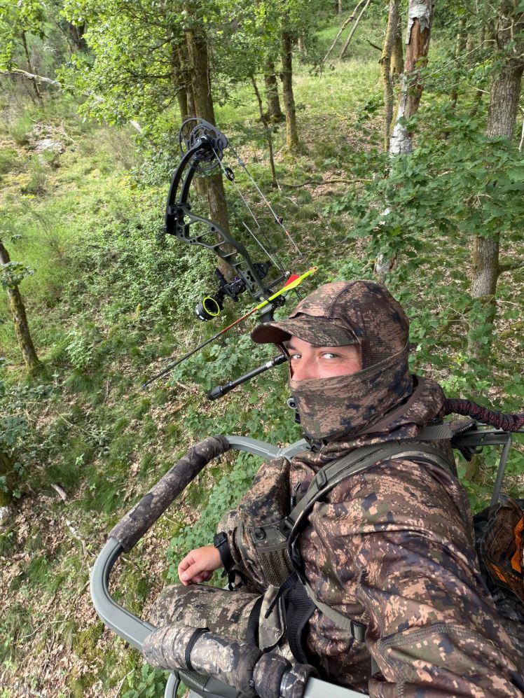 Chasseur installé dans un treestand autogrimpant Summit Viper lors d'un affût en forêt.