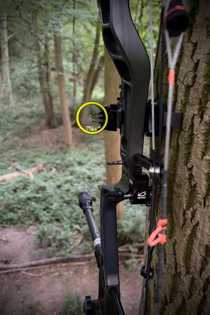 Vue depuis le poste d'affût à travers le Bowtech Ascend vers la coulée empruntée par Flèche.