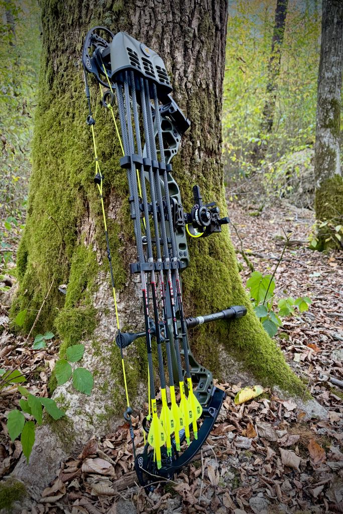 Arc à poulies Bowtech Ascend posé contre un arbre dans un bois, avec des flèches à empennages jaunes